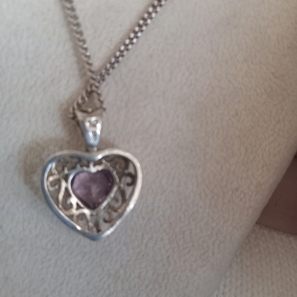 Amethyst Heart shape Sterling Silver necklace made in Italy .925  9 in drop - Picture 7 of 7